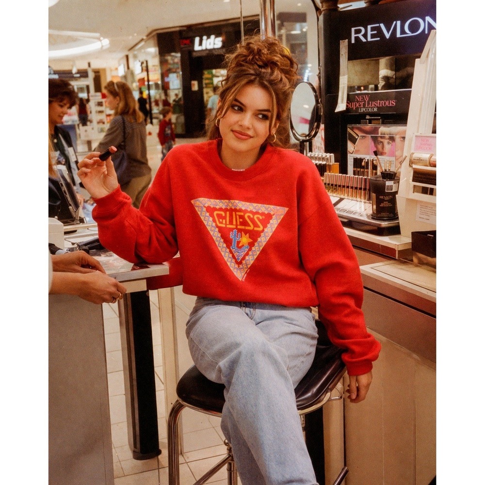 Vintage GUESS Sweatshirt 90s Y2K Triangle Southwest Logo Red Boxy Crop Fits M/L